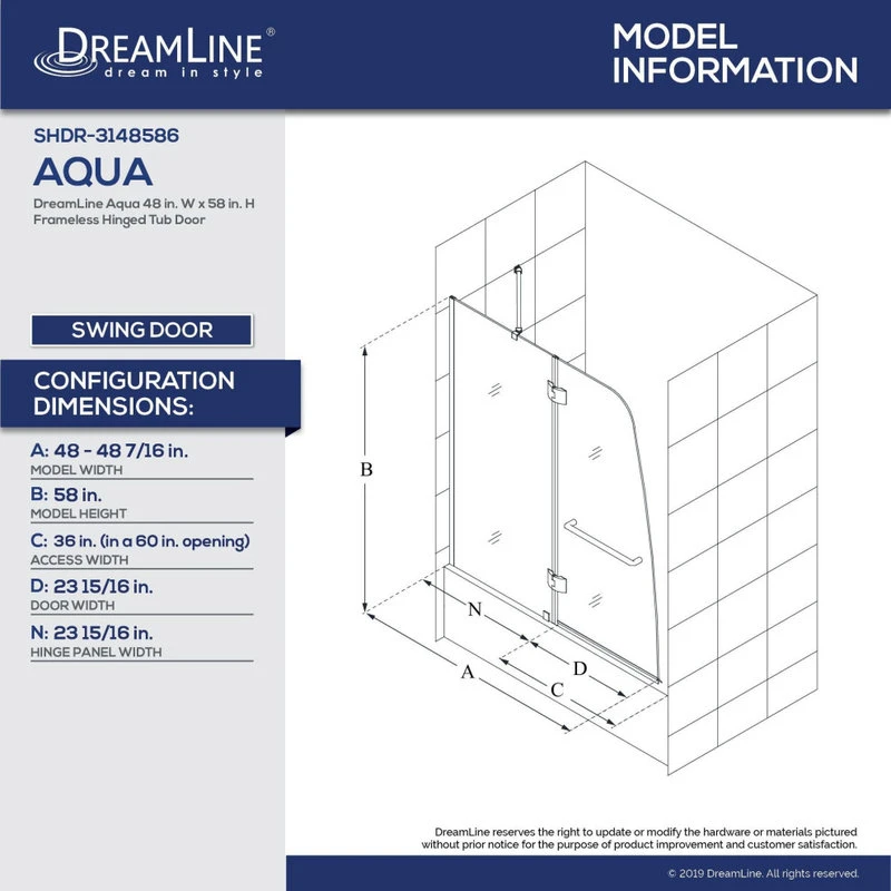 DreamLine Aqua 48 In. W X 58 In. H Frameless Hinged Tub Door In Chrome 6 DreamLine Aqua 48 In. W X 58 In. H Frameless Hinged Tub Door In Chrome - Image 6