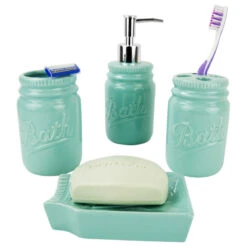 4-Piece Dolomite Mason Jar Bath Set, Mint