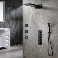 Wall Mounted Waterfall Rain Shower System With 3 Body Sprays In Matte Black, The -Warm Bathroom 03219e6b003f6ab5 2927 w800 h800 b0 p0