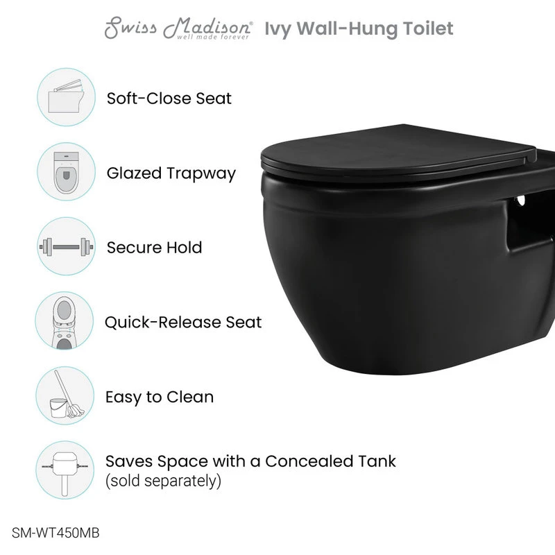 Ivy Wall Hung Elongated Toilet Bowl 0.8/1.28 GPF Dual Flush, Matte Black 7 Ivy Wall Hung Elongated Toilet Bowl 0.8/1.28 GPF Dual Flush, Matte Black - Image 7