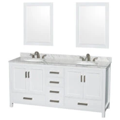 Sheffield Double Vanity, 24" Mirrors, White, 72", Round, White Carrera Marble