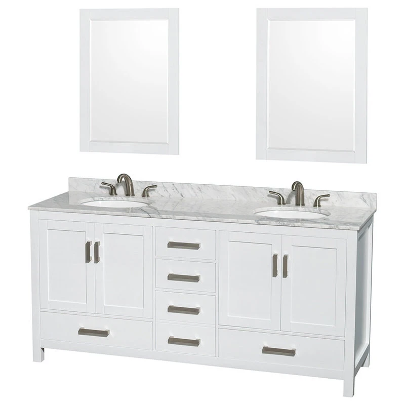 Sheffield Double Vanity, 24" Mirrors, White, 72", Round, White Carrera Marble 1 Sheffield Double Vanity, 24" Mirrors, White, 72", Round, White Carrera Marble