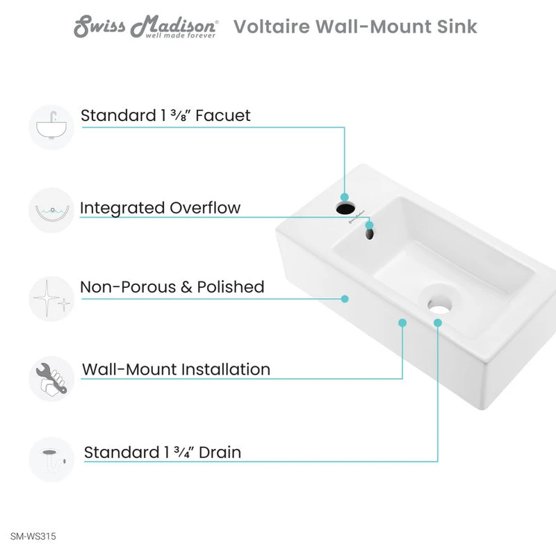 Voltaire 19.5"x10" Ceramic Wall Hung Sink With Faucet Mount, Left Side 5 Voltaire 19.5"x10" Ceramic Wall Hung Sink With Faucet Mount, Left Side - Image 5