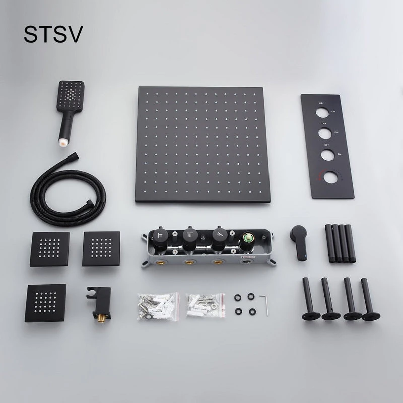 Ceiling Mount Square Black Rain Shower System With Body Spray Jets In Wall, 16 I 6 Ceiling Mount Square Black Rain Shower System With Body Spray Jets In Wall, 16 I - Image 6