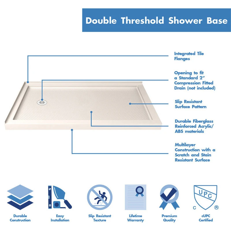 DreamLine SlimLine 36 D X 60 W X 2.75 H Left Drain Double Threshold Shower Base, Biscuit 2 DreamLine SlimLine 36 D X 60 W X 2.75 H Left Drain Double Threshold Shower Base, Biscuit - Image 2