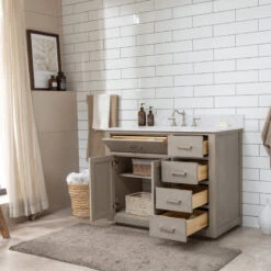 Grace 42" Single Bathroom Vanity In Rich Antique Gray Oak With Carrara White Quartz Top -Warm Bathroom 1be106e300188038 8725 w800 h800 b0 p0