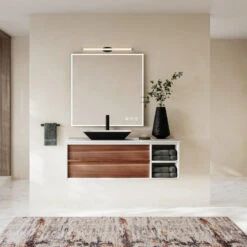 The Rhone Bathroom Vanity, Single Sink, 48", Walnut And White, Wallmounted