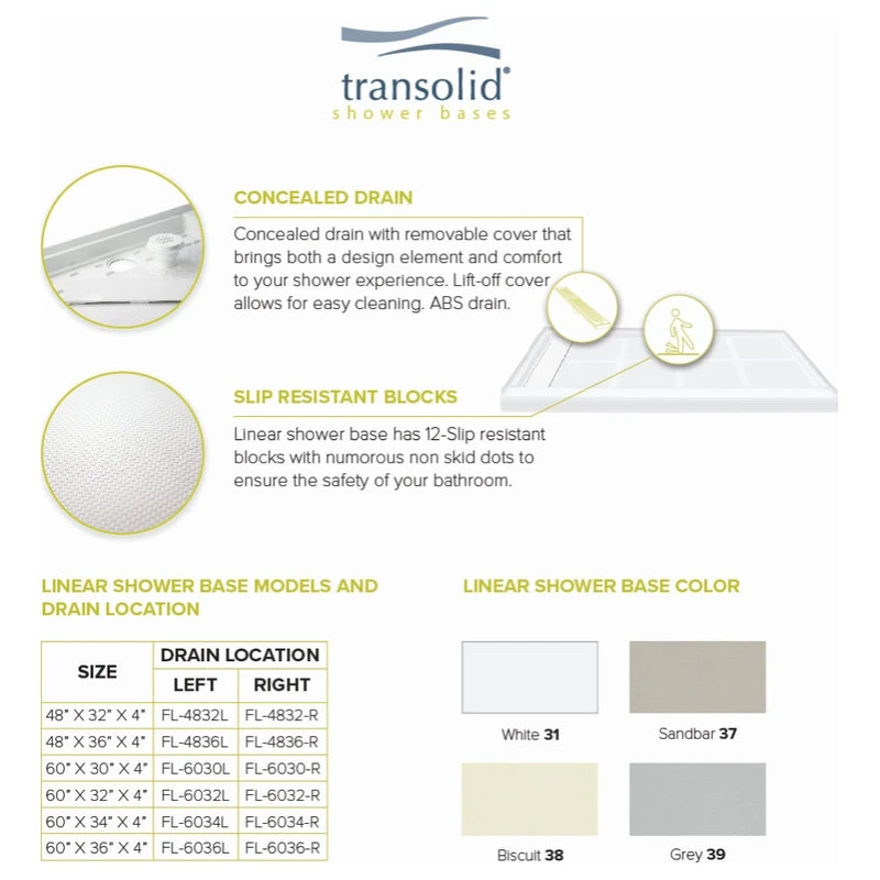 Transolid Linear 48"x36" Rectangular Shower Base With Right Hand Drain, White 7 Transolid Linear 48"x36" Rectangular Shower Base With Right Hand Drain, White - Image 7