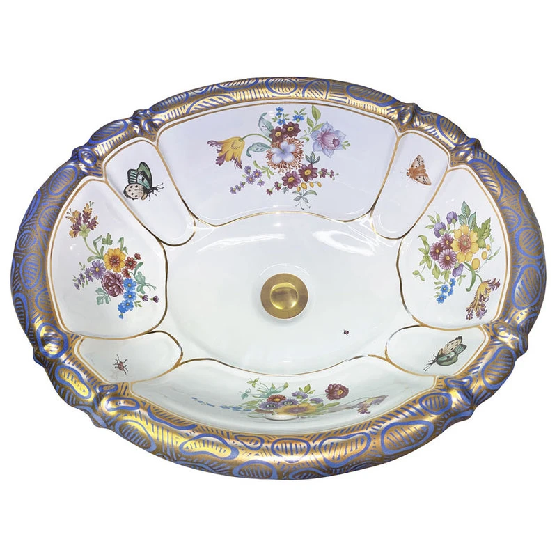 Hand Painted Sink "Floral Chinoiseries" Burnished Gold On Sienna Small Drop-in 1 Hand Painted Sink "Floral Chinoiseries" Burnished Gold On Sienna Small Drop-in