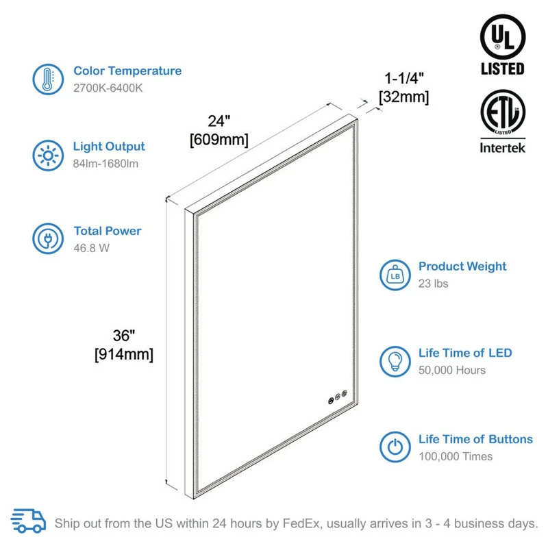 Fogless, Dimmable, Color Temperature Adjustable LED Mirror, Brush Gold, 24x36 4 Fogless, Dimmable, Color Temperature Adjustable LED Mirror, Brush Gold, 24x36 - Image 4