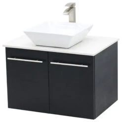 24" Wall Mount Vanity, White Stone Countertop, Black
