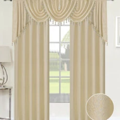 Angelina Damask 7 Piece Curtain, Beaded Austrian Valances And Swag Set, Beige