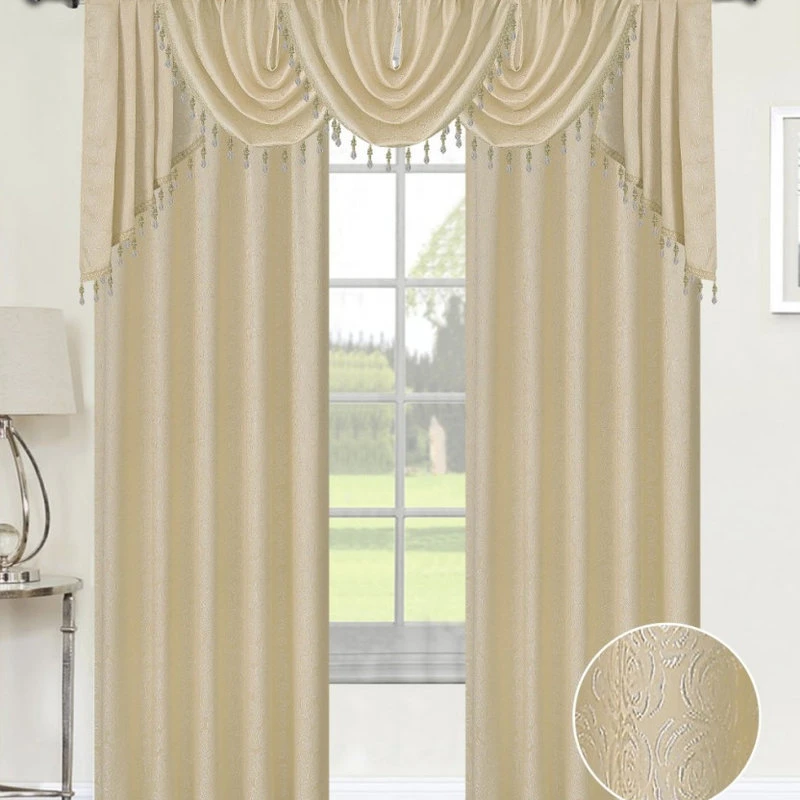Angelina Damask 7 Piece Curtain, Beaded Austrian Valances And Swag Set, Beige 1 Angelina Damask 7 Piece Curtain, Beaded Austrian Valances And Swag Set, Beige