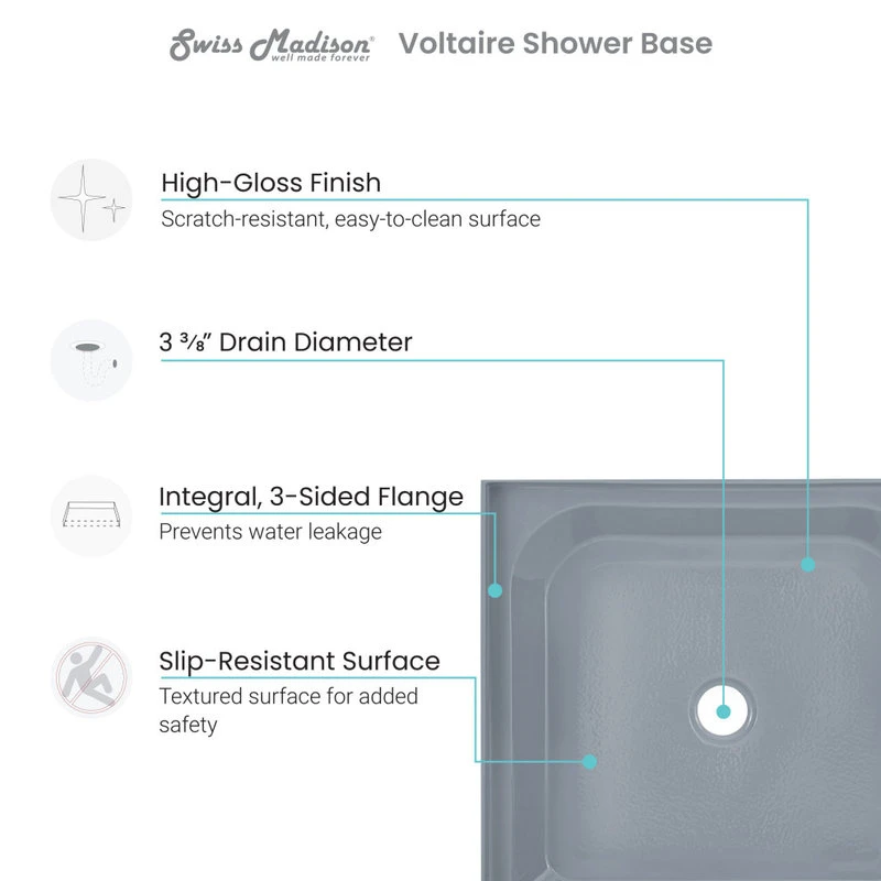 Voltaire 60"x30" Single-Threshold, Center Drain, Shower Base, Gray 4 Voltaire 60"x30" Single-Threshold, Center Drain, Shower Base, Gray - Image 4