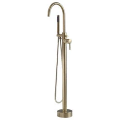 Freestanding Single Handle Tub Filler Faucet With Hand Shower, Brushed Gold