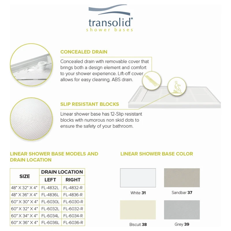 Transolid Linear 60"x30" Rectangular Shower Base With Left Hand Drain, White 7 Transolid Linear 60"x30" Rectangular Shower Base With Left Hand Drain, White - Image 7
