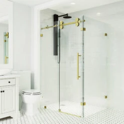 VIGO 34"x46" Frameless 3/8" Shower, Without Base, Matte Gold