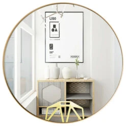 Gymax 27.5 Modern Metal Wall-Mounted Round Mirror For Bathroom Entryway Gold