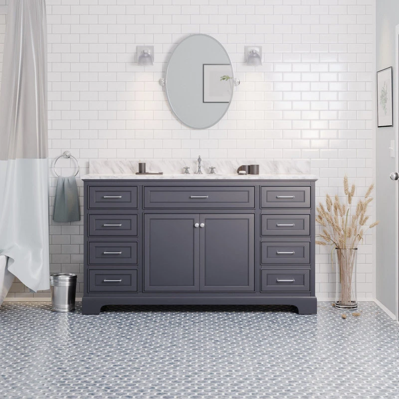 Aria 60" Bathroom Vanity, Marine Gray, Carrara Marble, Single Vanity 2 Aria 60" Bathroom Vanity, Marine Gray, Carrara Marble, Single Vanity - Image 2