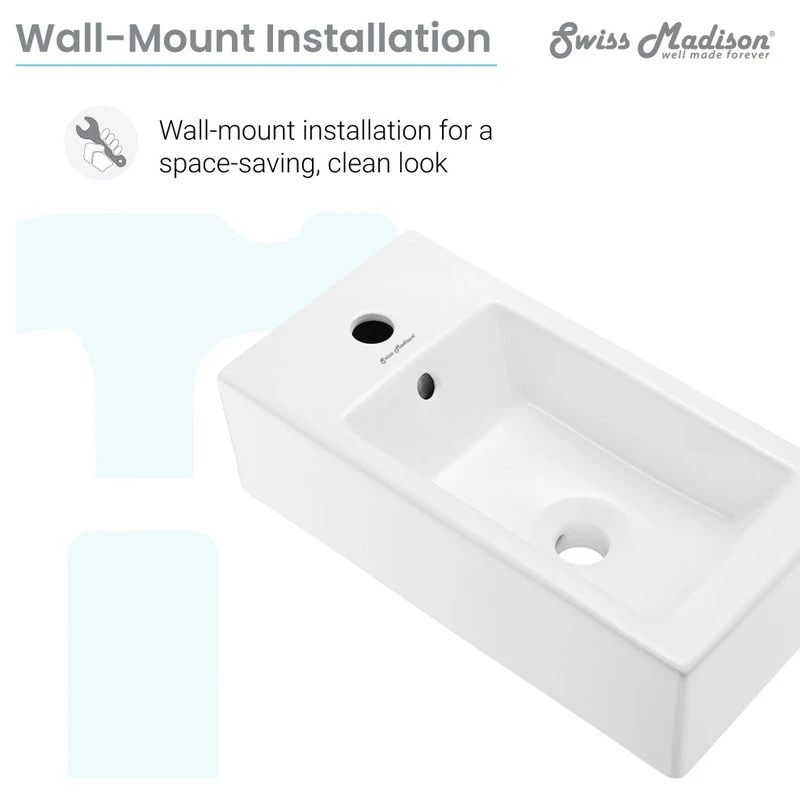Voltaire 19.5"x10" Ceramic Wall Hung Sink With Faucet Mount, Left Side 6 Voltaire 19.5"x10" Ceramic Wall Hung Sink With Faucet Mount, Left Side - Image 6
