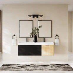 The Nuvo Bathroom Vanity, Double Sink, 55", Black Glass And Maple, Wall Mounted