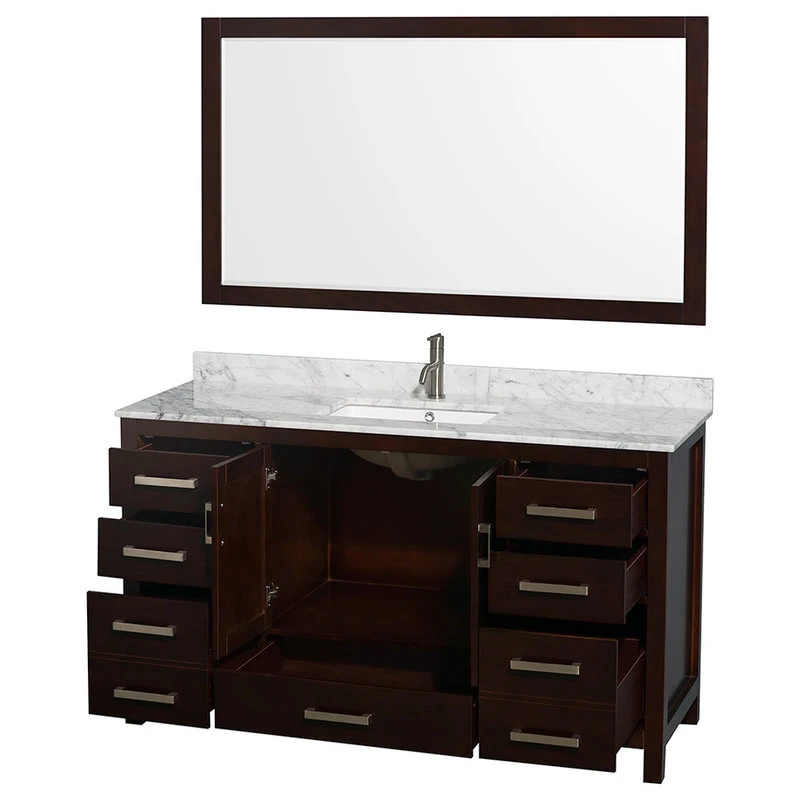Sheffield 60" Espresso SGL Vanity, Carrara Marble Top, UM Sq Sink, 58" Mrr 2 Sheffield 60" Espresso SGL Vanity, Carrara Marble Top, UM Sq Sink, 58" Mrr - Image 2
