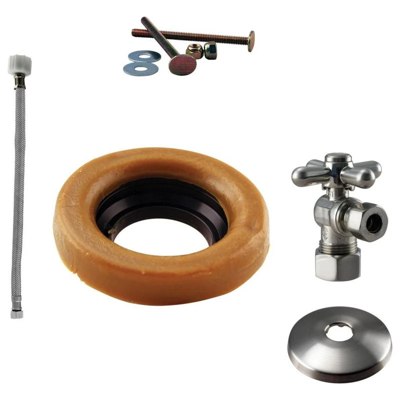 Toilet Kit With 1/4-Turn Stop And Wax Ring - Cross Handle In Satin Nickel 1 Toilet Kit With 1/4-Turn Stop And Wax Ring - Cross Handle In Satin Nickel