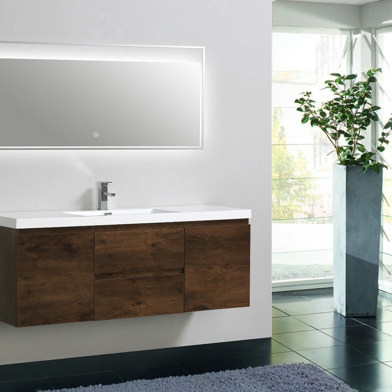 MOB 60" Single Acrylic Sink Wall Mounted Vanity, Rosewood 3 MOB 60" Single Acrylic Sink Wall Mounted Vanity, Rosewood - Image 3