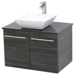 24" Wall Mount Vanity, Black Stone Countertop, Dark Grey