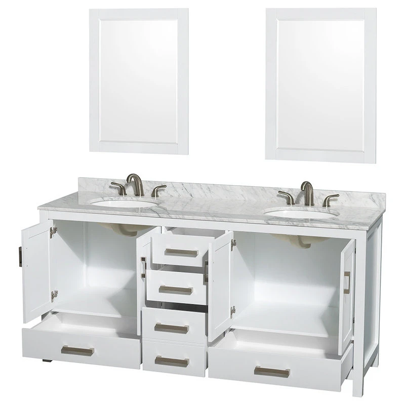 Sheffield Double Vanity, 24" Mirrors, White, 72", Round, White Carrera Marble 2 Sheffield Double Vanity, 24" Mirrors, White, 72", Round, White Carrera Marble - Image 2