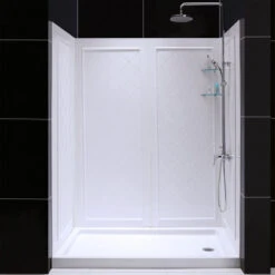 DreamLine 30 D X 60 W X 76.75 H Right Drain Acrylic Shower Base, QWALL-5 Backwall, White