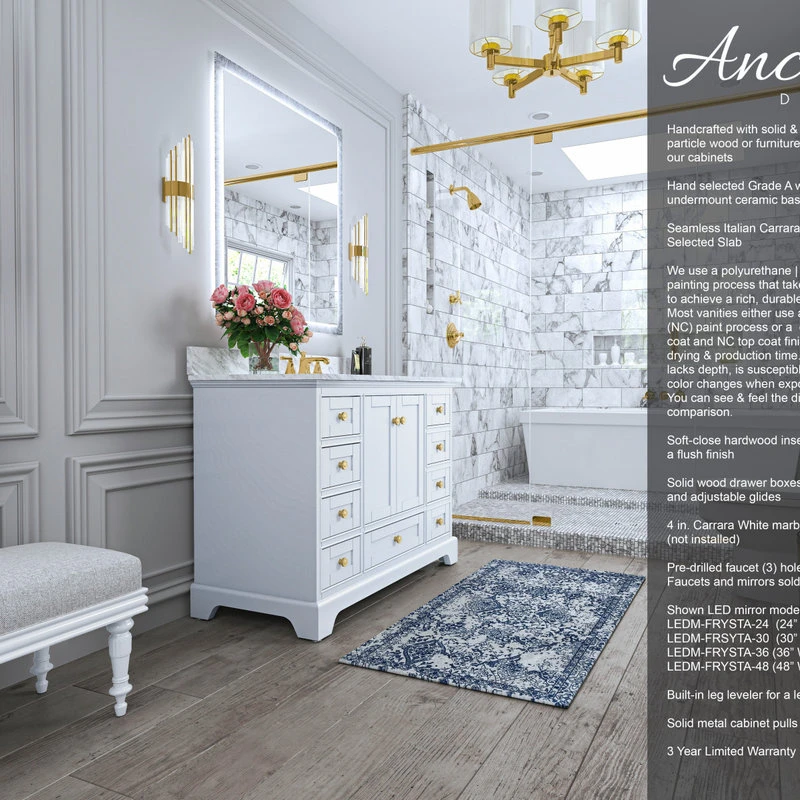 Audrey Vanity Set, White, 48", Gold Hardware, No Mirror 3 Audrey Vanity Set, White, 48", Gold Hardware, No Mirror - Image 3