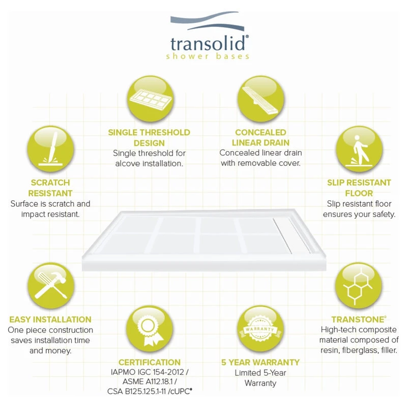 Transolid Linear 48"x36" Rectangular Shower Base With Right Hand Drain, White 4 Transolid Linear 48"x36" Rectangular Shower Base With Right Hand Drain, White - Image 4