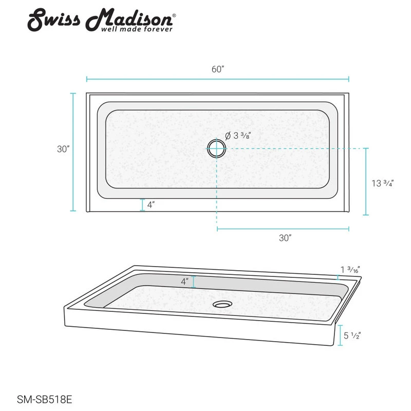 Voltaire 60"x30" Single-Threshold, Center Drain, Shower Base, Gray 9 Voltaire 60"x30" Single-Threshold, Center Drain, Shower Base, Gray - Image 9