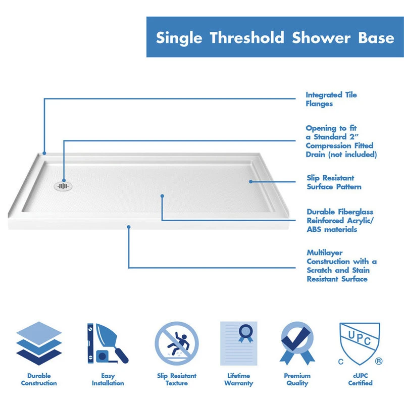 DreamLine SlimLine 36x60x2 3/4 Left Drain Single Threshold Shower Base, White 2 DreamLine SlimLine 36x60x2 3/4 Left Drain Single Threshold Shower Base, White - Image 2