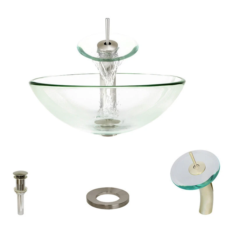 601 Colored Glass Vessel Sink, Crystal, Waterfall Faucet, Brushed Nickel 1 601 Colored Glass Vessel Sink, Crystal, Waterfall Faucet, Brushed Nickel