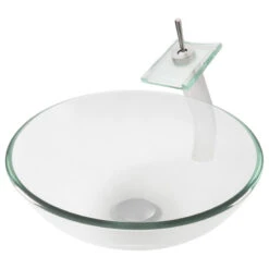 Topia Clear Glass Vessel Sink And Faucet Set, Brushed Nickel