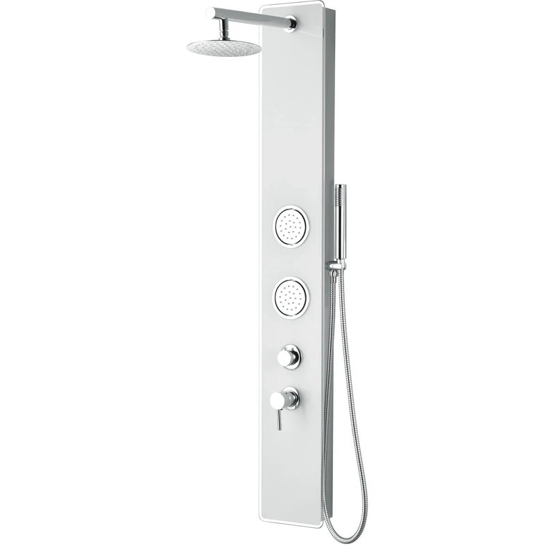 White Glass Shower Panel With 2 Body Sprays And Rain Shower Head 1 White Glass Shower Panel With 2 Body Sprays And Rain Shower Head