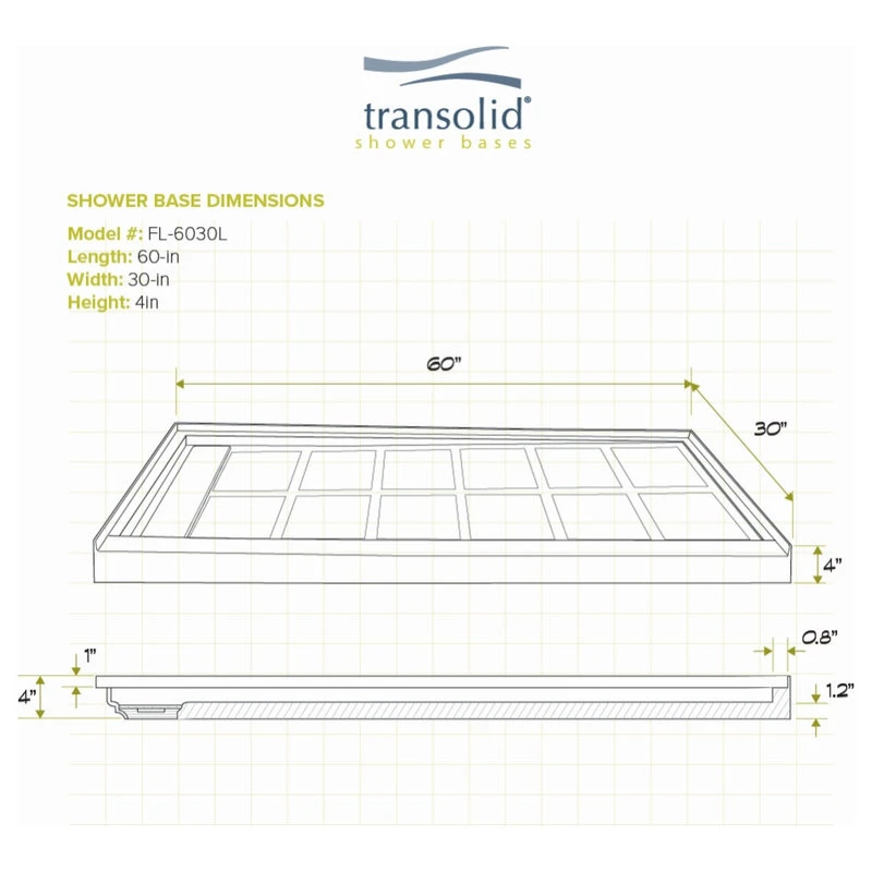 Transolid Linear 60"x30" Rectangular Shower Base With Left Hand Drain, White 6 Transolid Linear 60"x30" Rectangular Shower Base With Left Hand Drain, White - Image 6