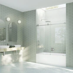 52-56"x60-Frameless Bath Tub Sliding Shower Door Square Hardware, Brushed Nickel