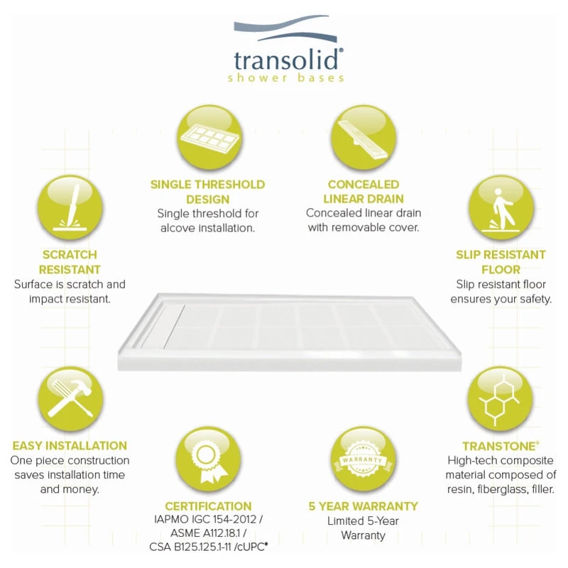 Transolid Linear 60"x30" Rectangular Shower Base With Left Hand Drain, White 4 Transolid Linear 60"x30" Rectangular Shower Base With Left Hand Drain, White - Image 4