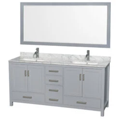 Sheffield Double Vanity, 70" Mirror, Gray, 72", Square, White Carrara Marble