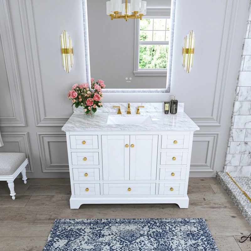 Audrey Vanity Set, White, 48", Gold Hardware, No Mirror 12 Audrey Vanity Set, White, 48", Gold Hardware, No Mirror - Image 12