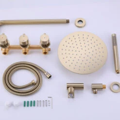 Wall Mounted Rain Shower System With Hand Shower-Includes Rough-In Valve, Brushed Gold 20 Wall Mounted Rain Shower System With Hand Shower-Includes Rough-In Valve, Brushed Gold -Warm Bathroom 8611807103992e9f 3691 w800 h800 b0 p0