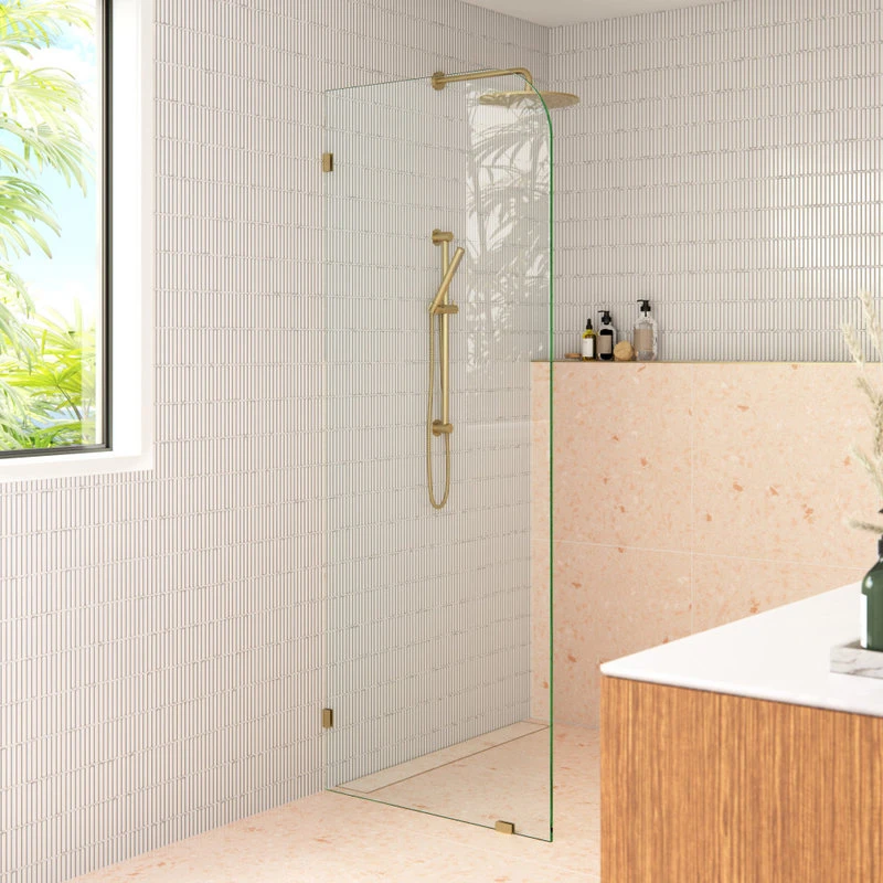 40"x78" Frameless Shower Door Single Fixed Panel Radius, Satin Brass 1 40"x78" Frameless Shower Door Single Fixed Panel Radius, Satin Brass