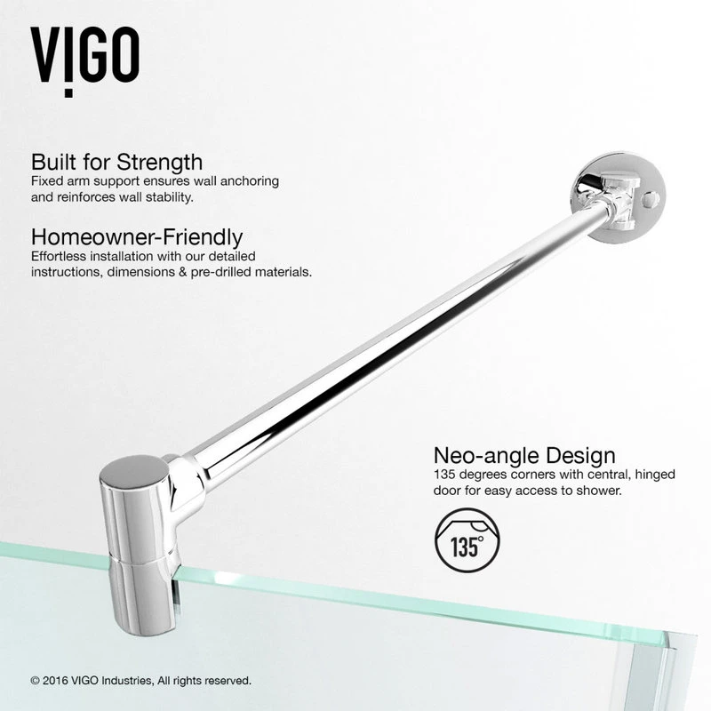 VIGO 34"x34" Frameless Neo-Angle 3/8" Shower, Without Base, Chrome 9 VIGO 34"x34" Frameless Neo-Angle 3/8" Shower, Without Base, Chrome - Image 9