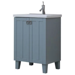 24" Solid Wood Sink Vanity With Extra Thick Ceramic Basin, Gray Blue
