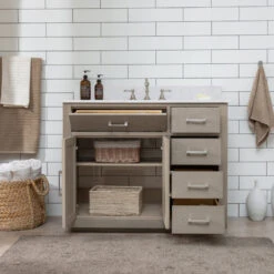 Grace 42" Single Bathroom Vanity In Rich Antique Gray Oak With Carrara White Quartz Top -Warm Bathroom 8d61221300188041 8725 w800 h800 b0 p0