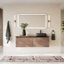 Accordion Bath Vanity, Single Sink 60", Chestnut Oak, Wall Mounted, Right Sink