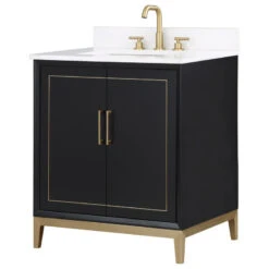 Gracie 30" / 36" Bathroom Vanity, Black, 30", Satin Brass, White Quartz Top